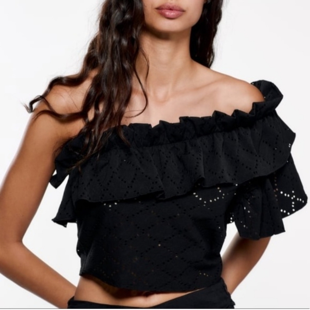 Zara One Shoulder Black Eyelet Crop Top NWT